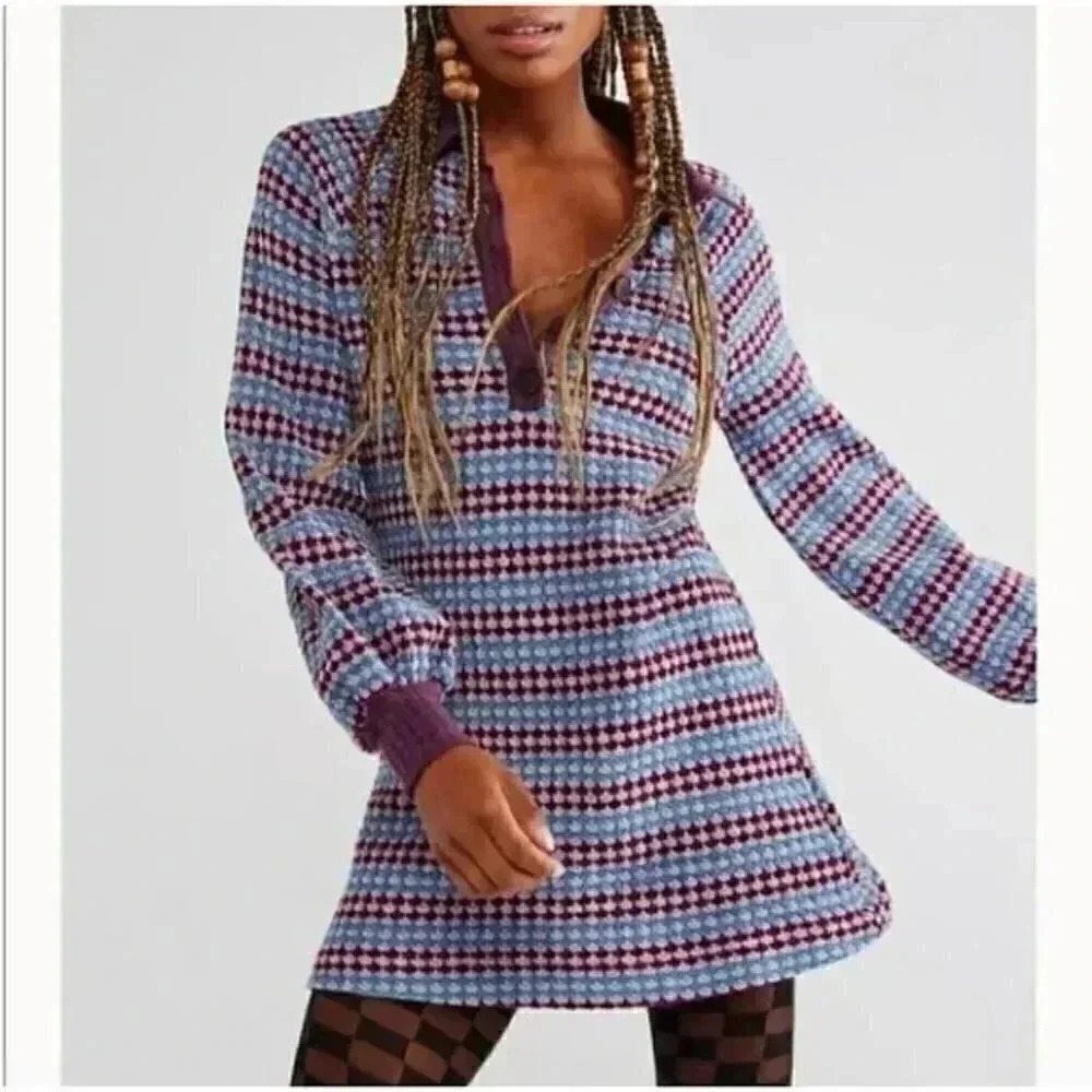 Free People Maggie Sweater Printed Henley Polo Puff Mini Dress